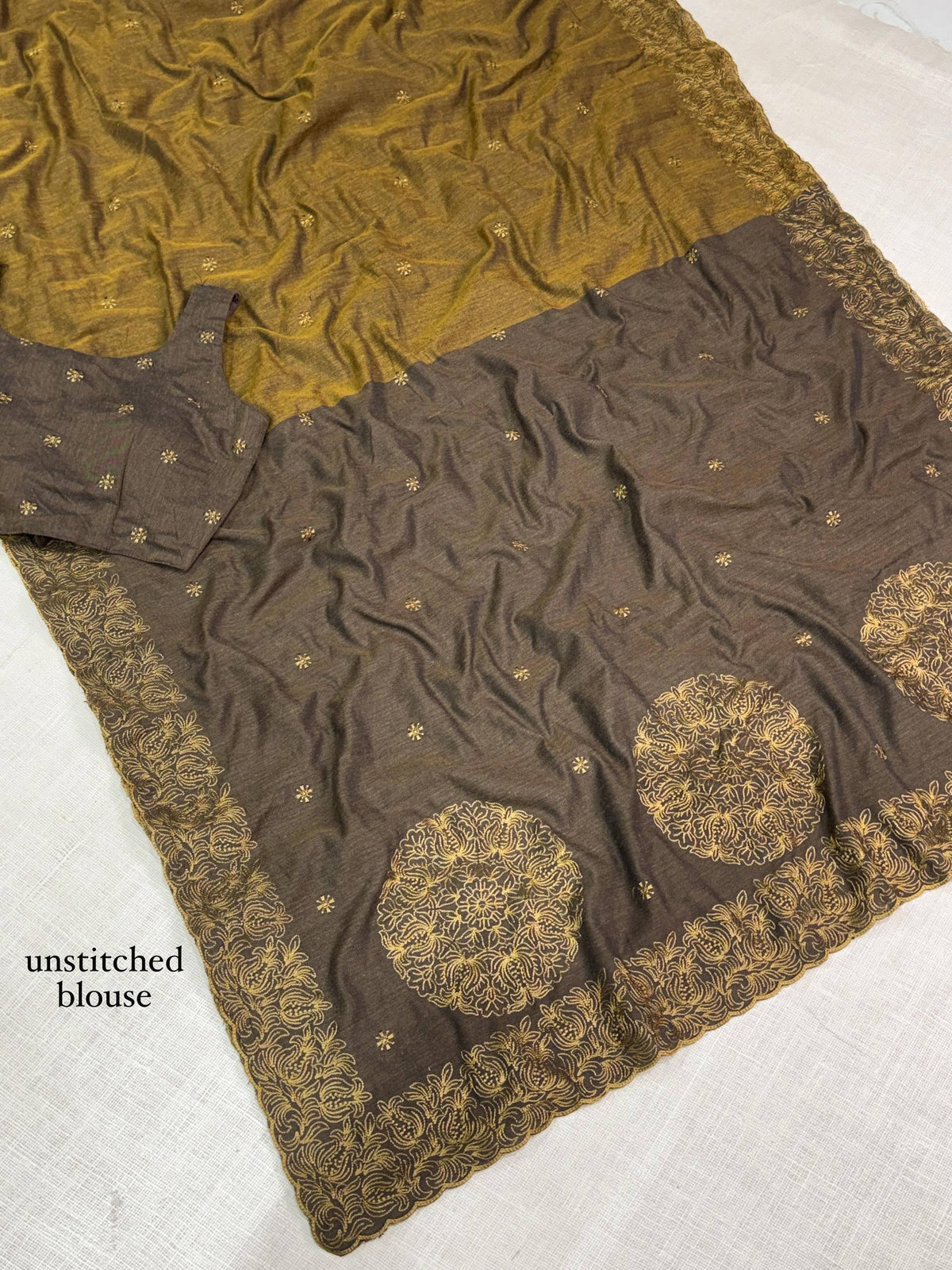 Olive Brown Pure Mul Cotton Saree with Antique Gold Embroidery & Cutwork Border