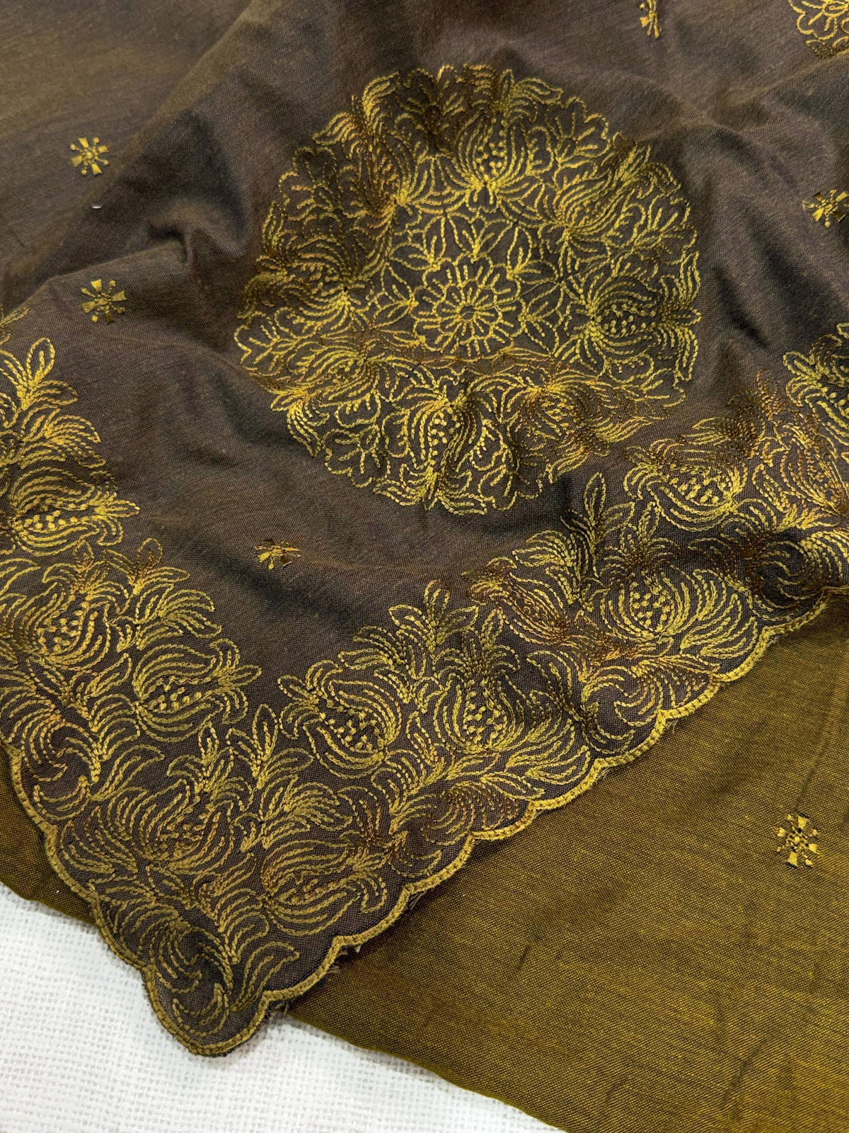 Olive Brown Pure Mul Cotton Saree with Antique Gold Embroidery & Cutwork Border