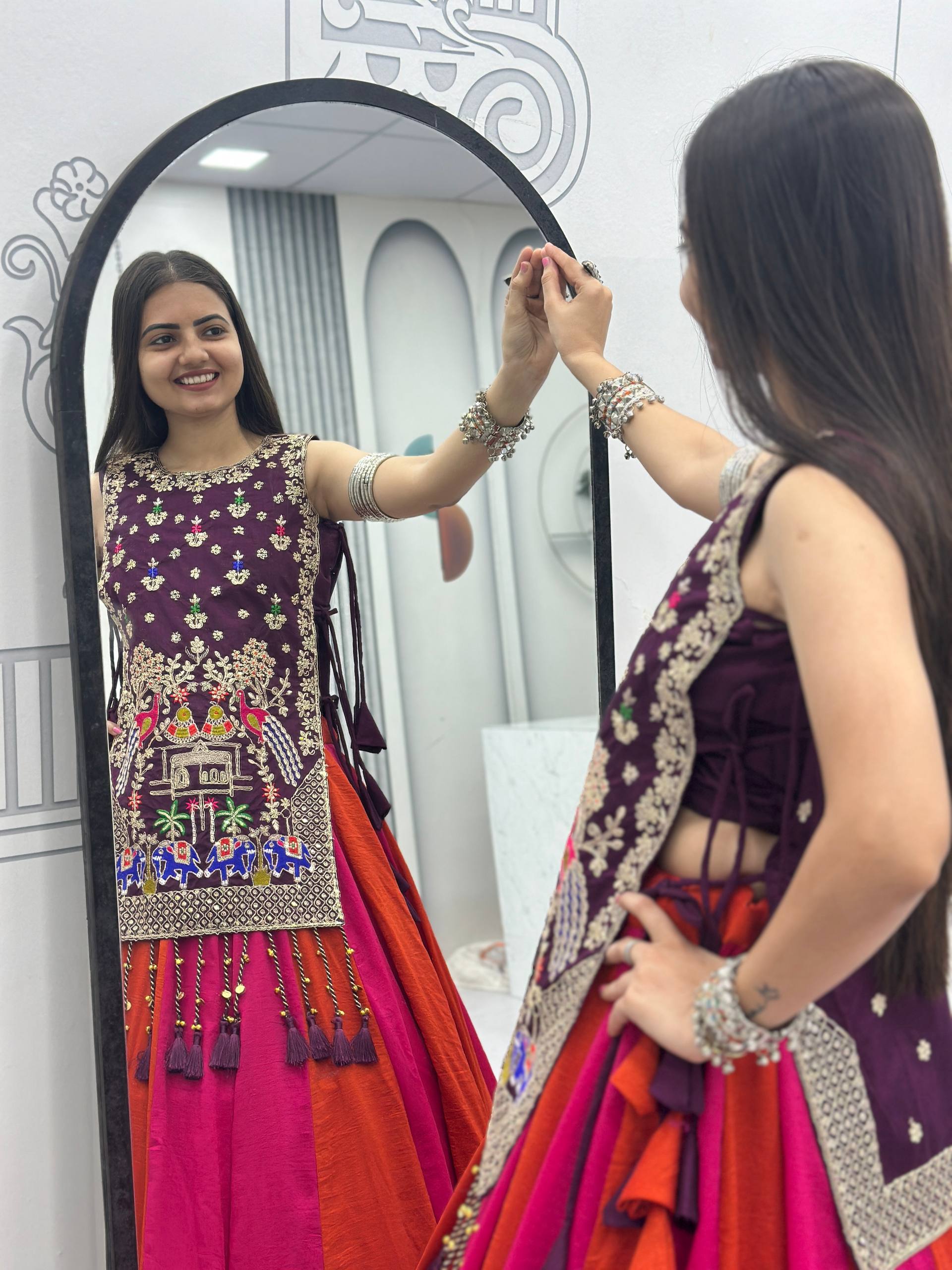 Wine Purple & Rani Pink Vichitra Silk Lehenga Set with Heavy Embroidery