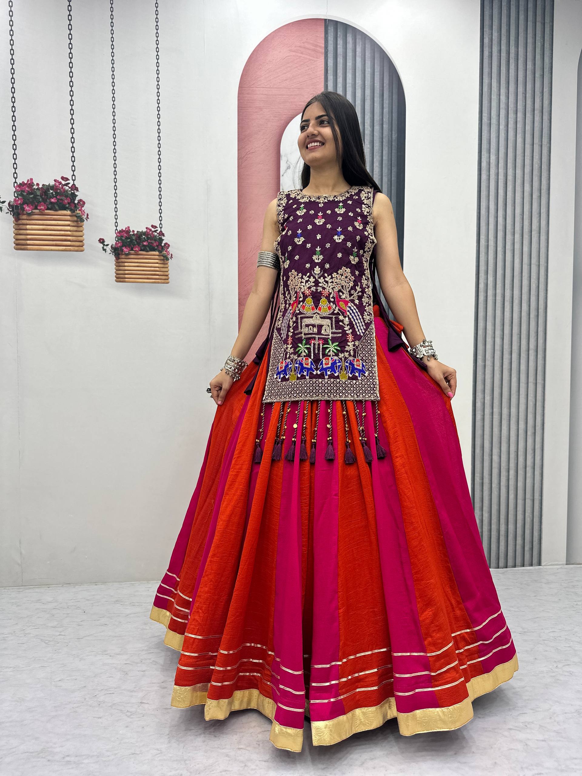 Wine Purple & Rani Pink Vichitra Silk Lehenga Set with Heavy Embroidery