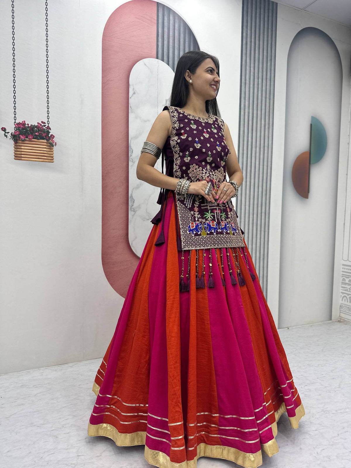 Wine Purple & Rani Pink Vichitra Silk Lehenga Set with Heavy Embroidery