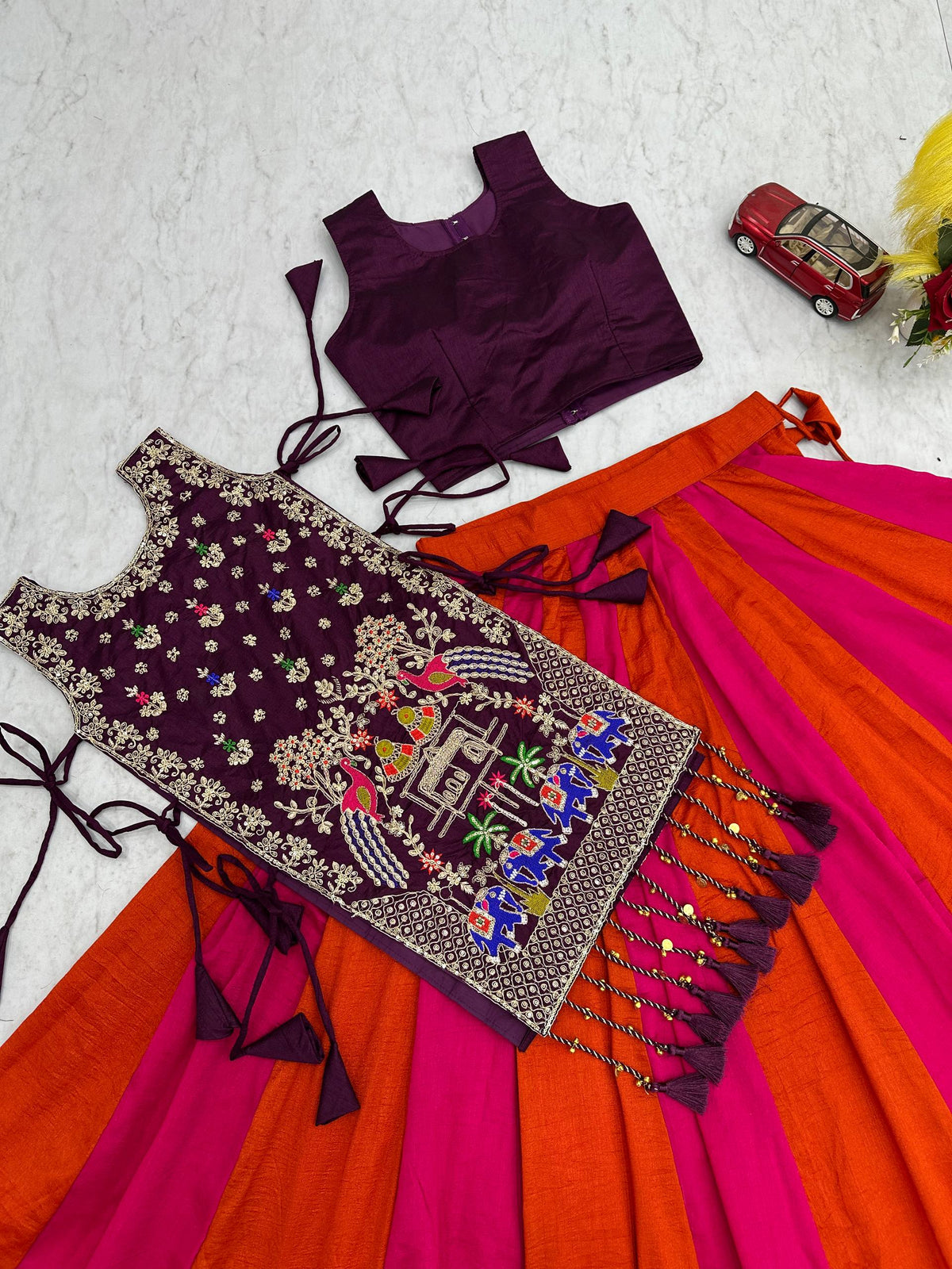 Wine Purple & Rani Pink Vichitra Silk Lehenga Set with Heavy Embroidery