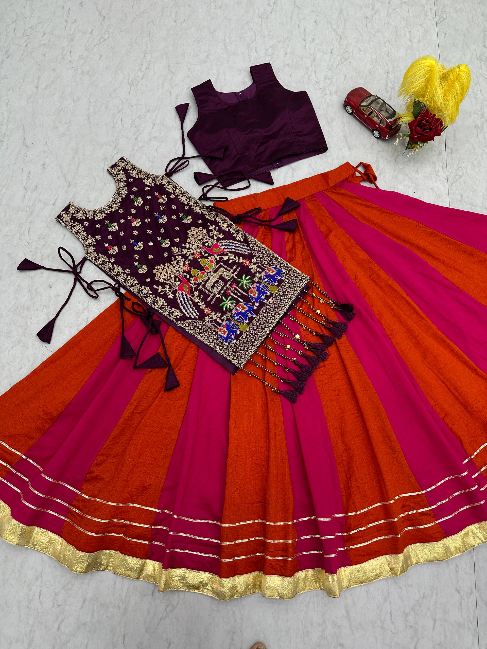 Wine Purple & Rani Pink Vichitra Silk Lehenga Set with Heavy Embroidery