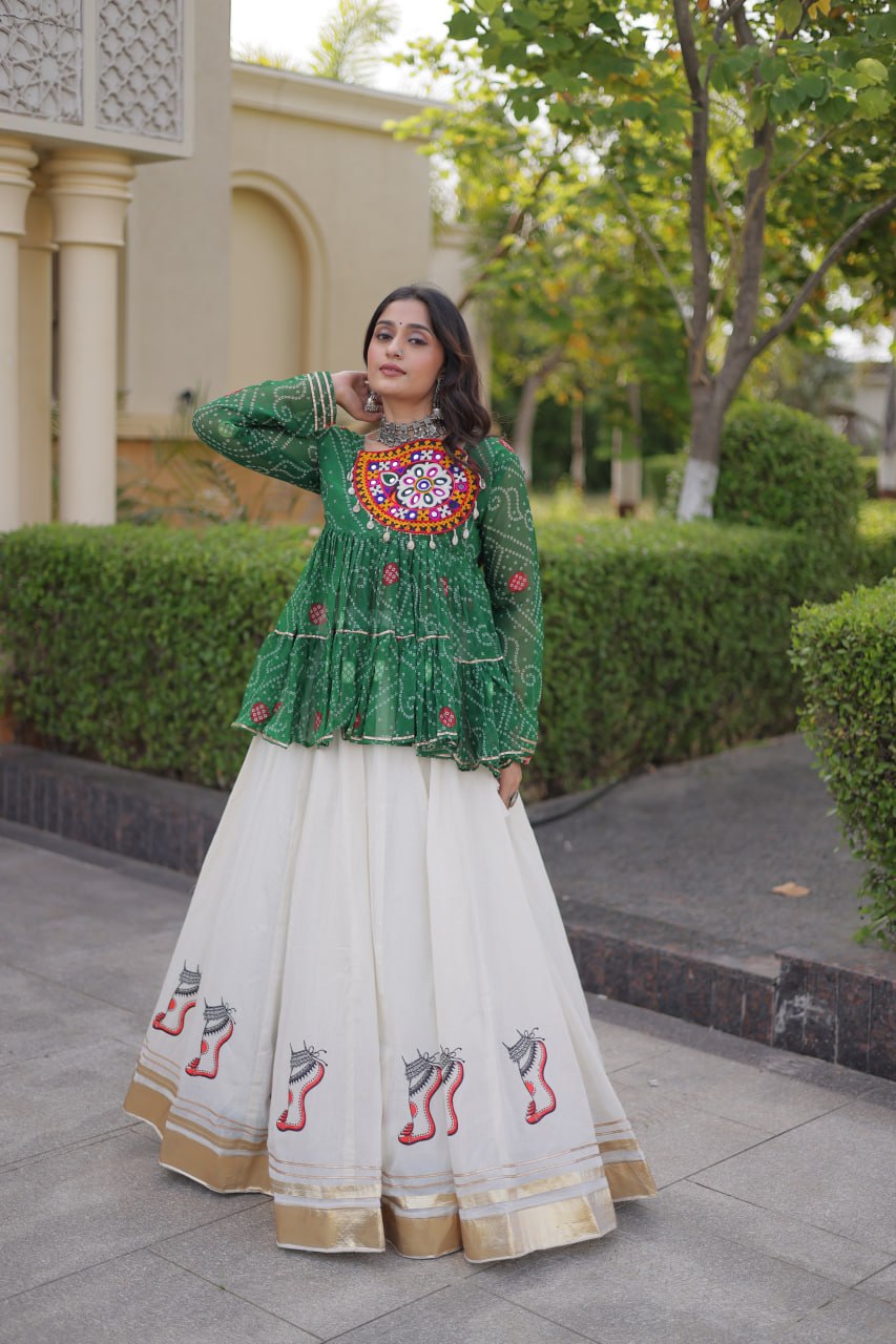 Bottle Green & Ivory Bandhani Lehenga Choli with Kutchi Gamthi Patchwork