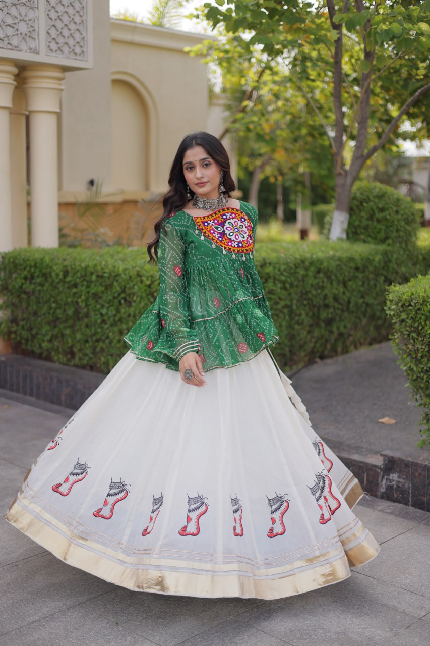 Bottle Green & Ivory Bandhani Lehenga Choli with Kutchi Gamthi Patchwork