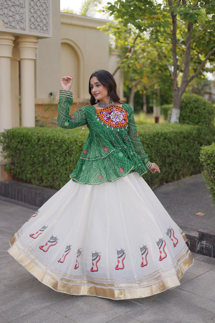 Bottle Green & Ivory Bandhani Lehenga Choli with Kutchi Gamthi Patchwork