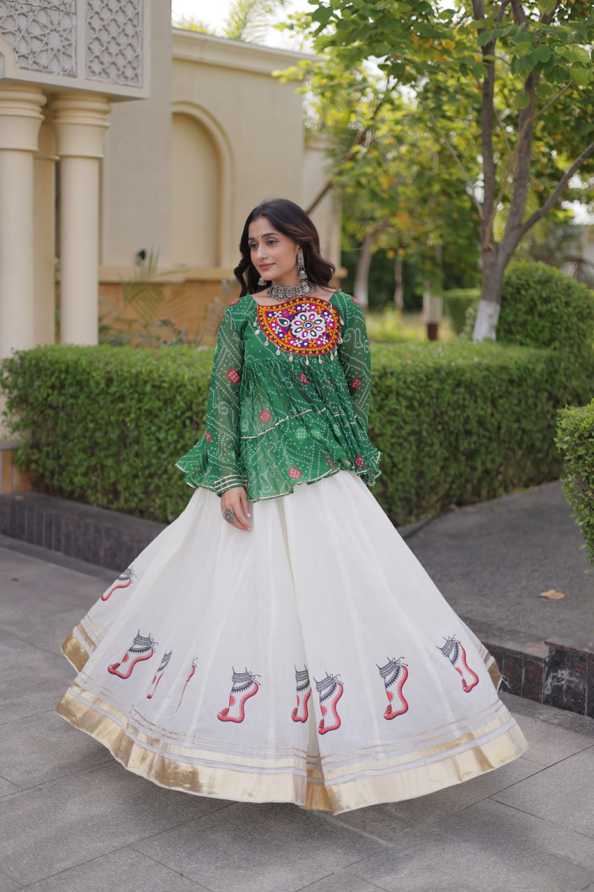Bottle Green & Ivory Bandhani Lehenga Choli with Kutchi Gamthi Patchwork