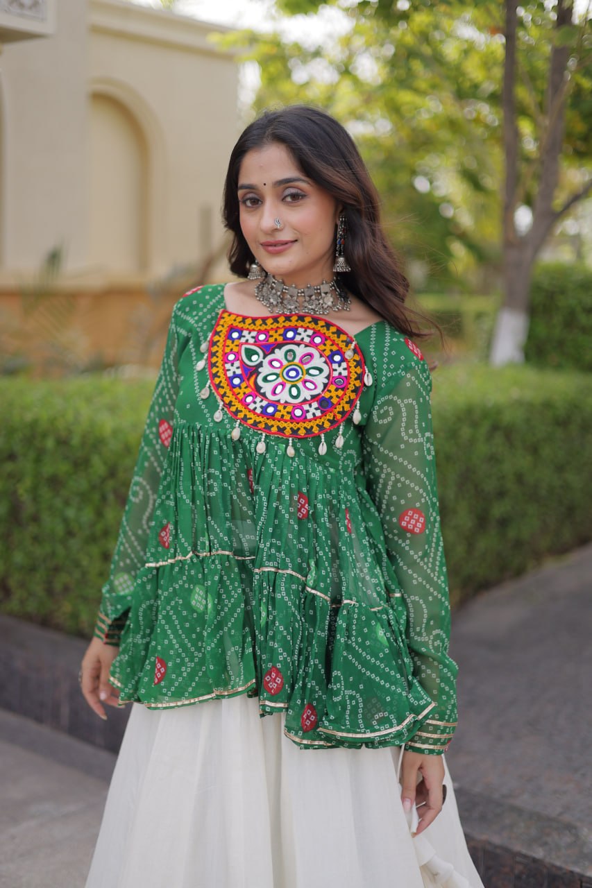 Bottle Green & Ivory Bandhani Lehenga Choli with Kutchi Gamthi Patchwork