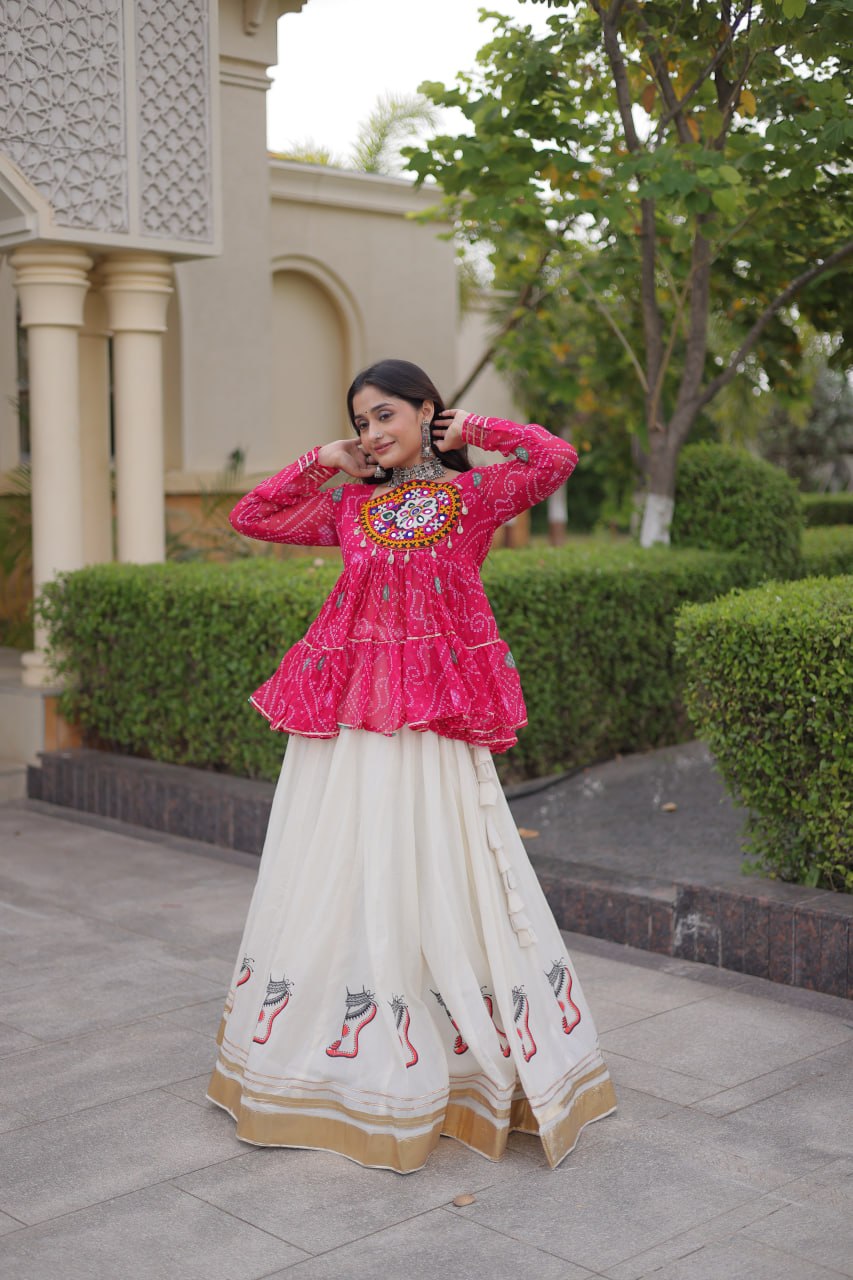 Fuchsia Pink & Ivory Bandhani Kutchi Work Lehenga Choli Set