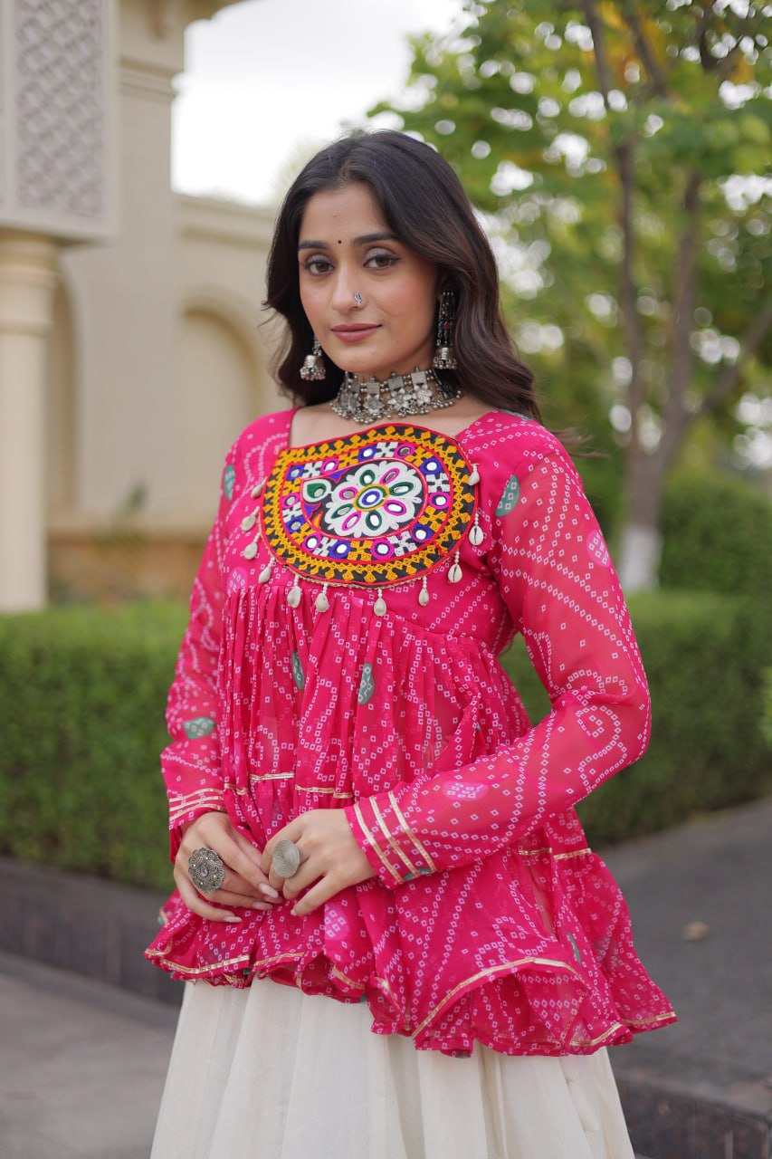 Fuchsia Pink & Ivory Bandhani Kutchi Work Lehenga Choli Set