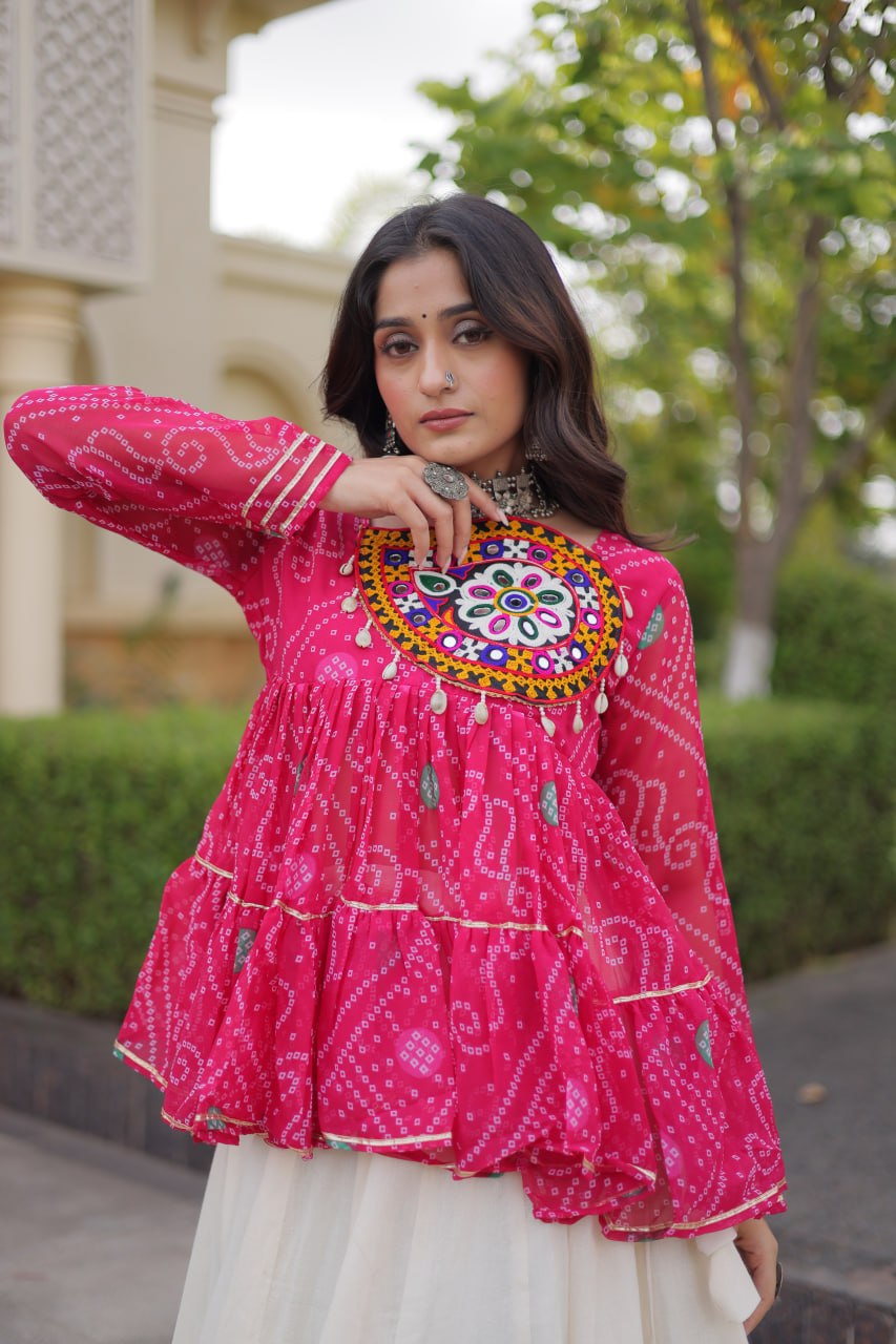 Fuchsia Pink & Ivory Bandhani Kutchi Work Lehenga Choli Set