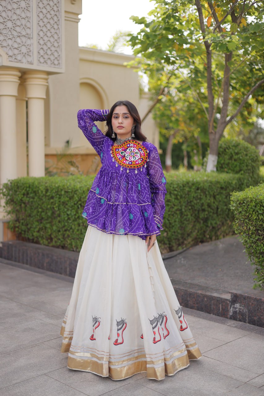 Royal Purple & Ivory Bandhani Kutchi Work Lehenga Choli Set