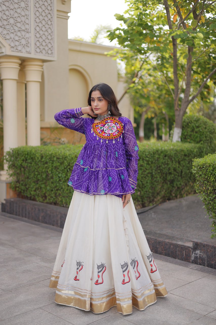 Royal Purple & Ivory Bandhani Kutchi Work Lehenga Choli Set