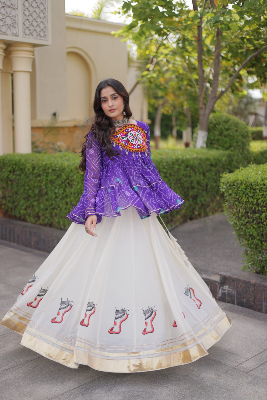 Royal Purple & Ivory Bandhani Kutchi Work Lehenga Choli Set