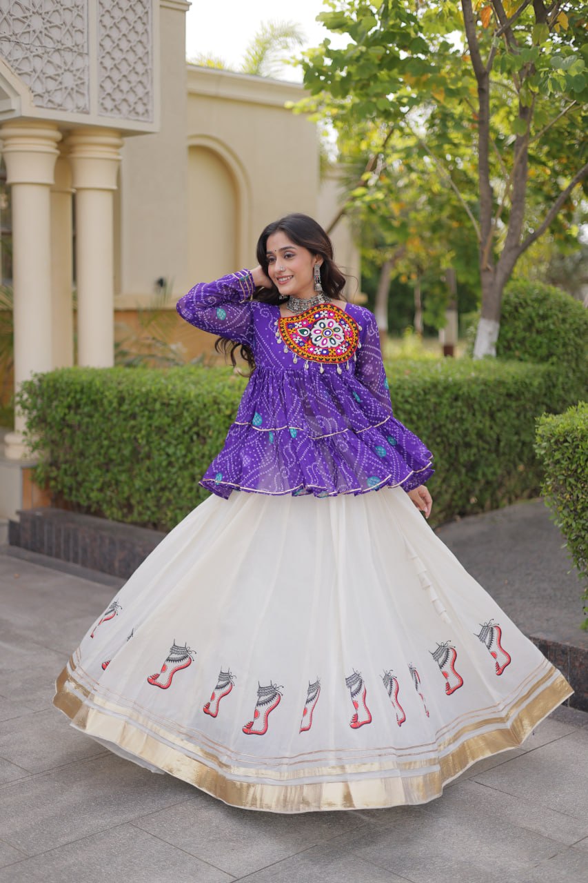 Royal Purple & Ivory Bandhani Kutchi Work Lehenga Choli Set