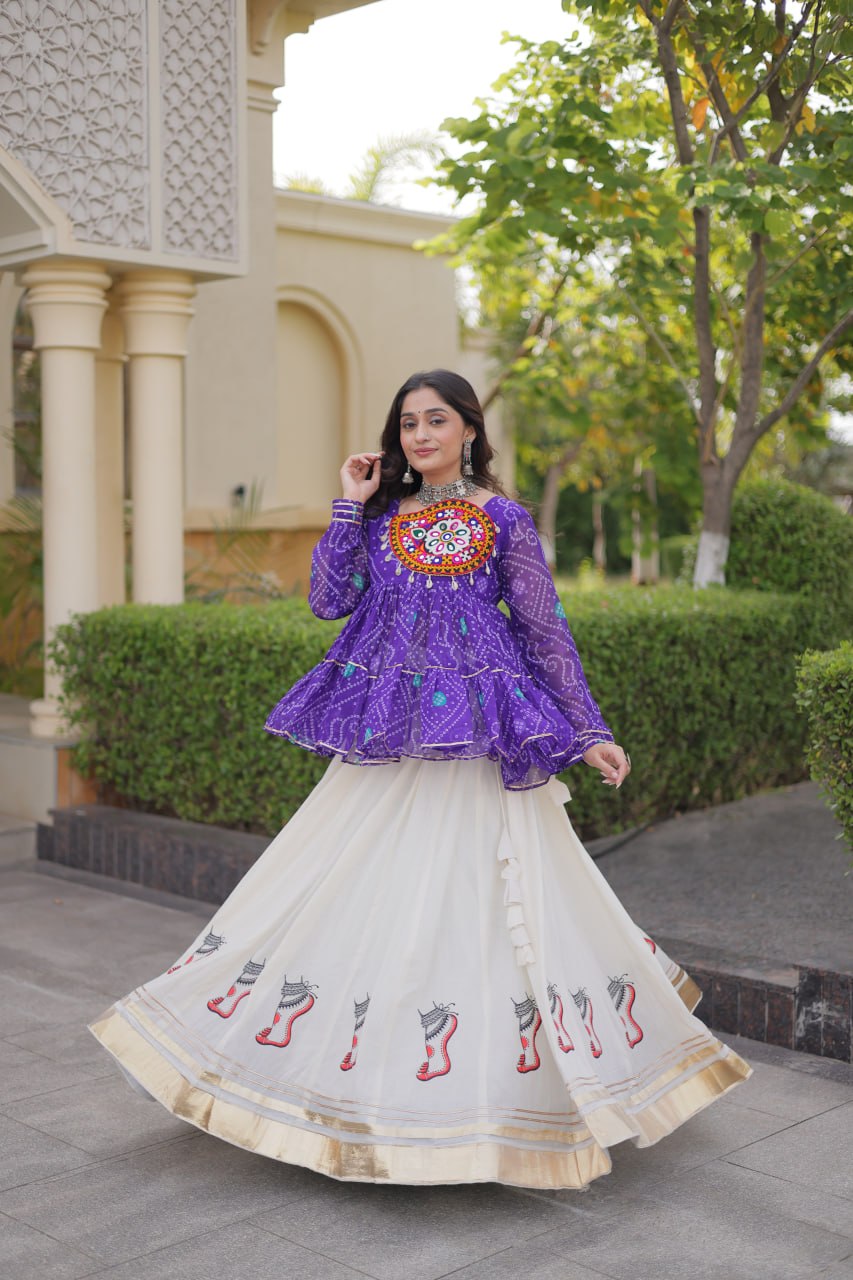 Royal Purple & Ivory Bandhani Kutchi Work Lehenga Choli Set