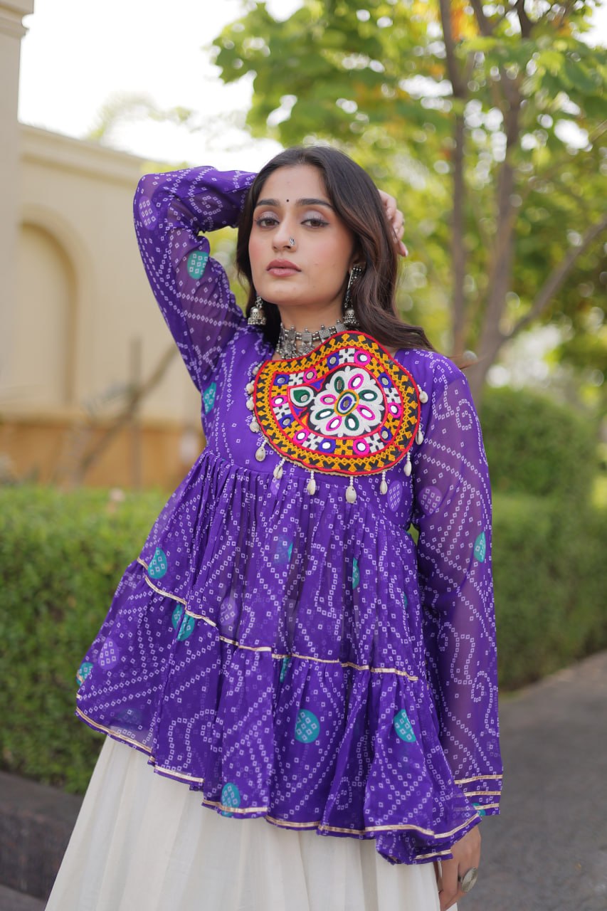 Royal Purple & Ivory Bandhani Kutchi Work Lehenga Choli Set