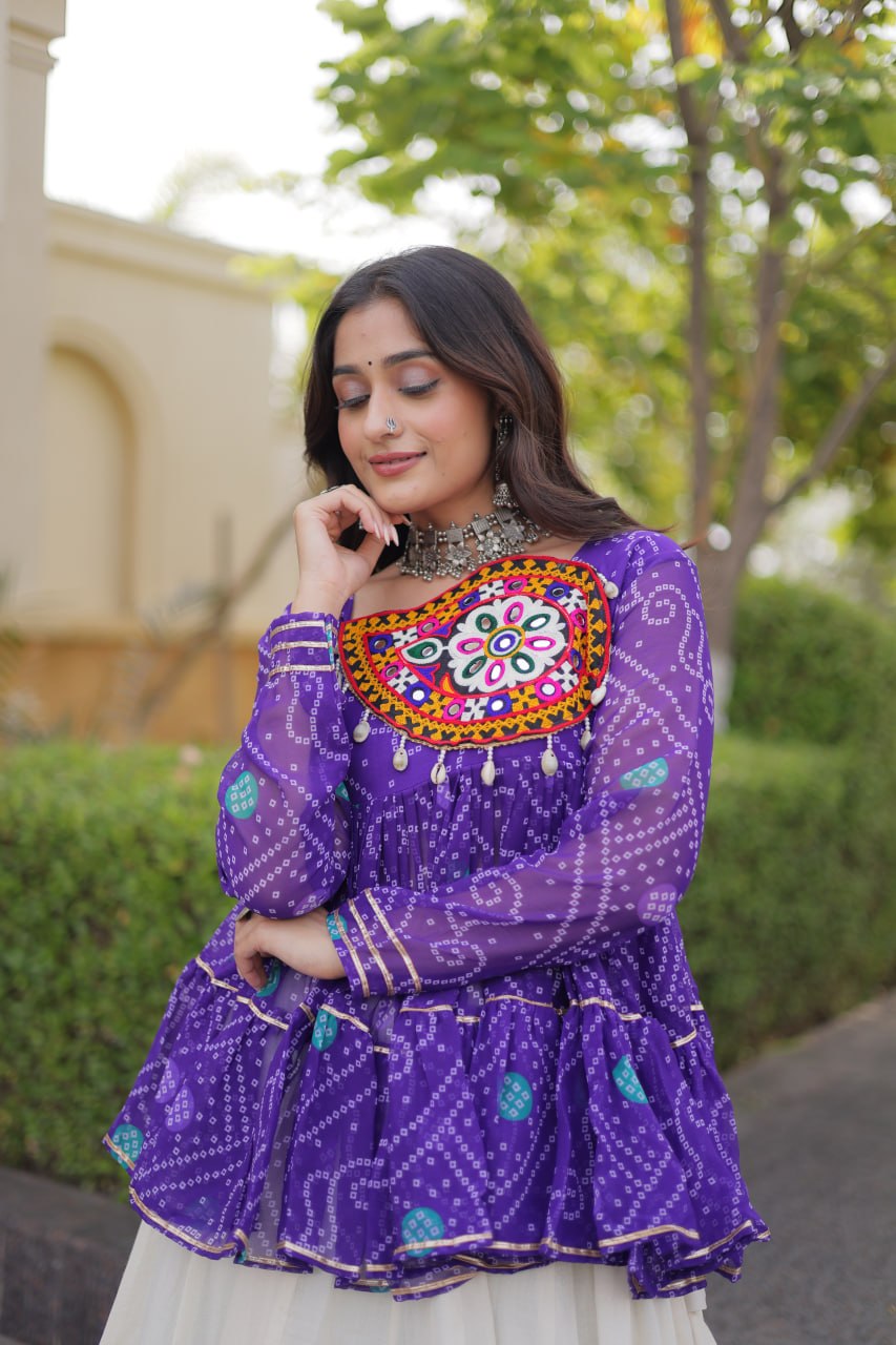 Royal Purple & Ivory Bandhani Kutchi Work Lehenga Choli Set