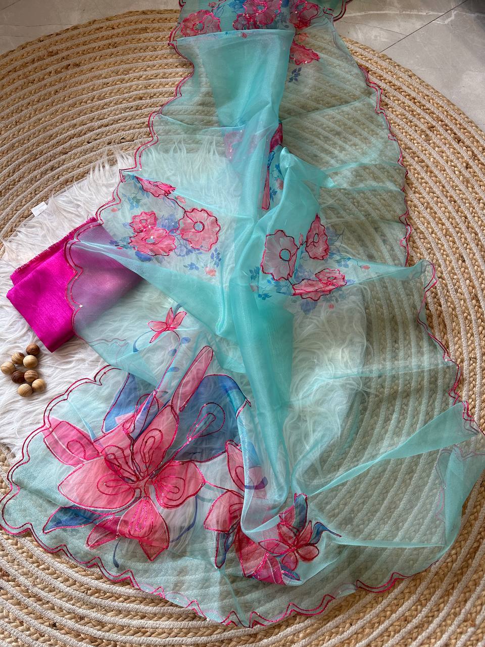 Saawariya Sky Pink Floral Print Organza Saree