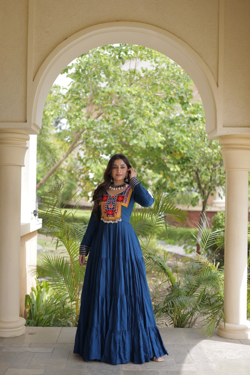 Rama Green Kutchi Gamthi Mirror Work Rayon Gown