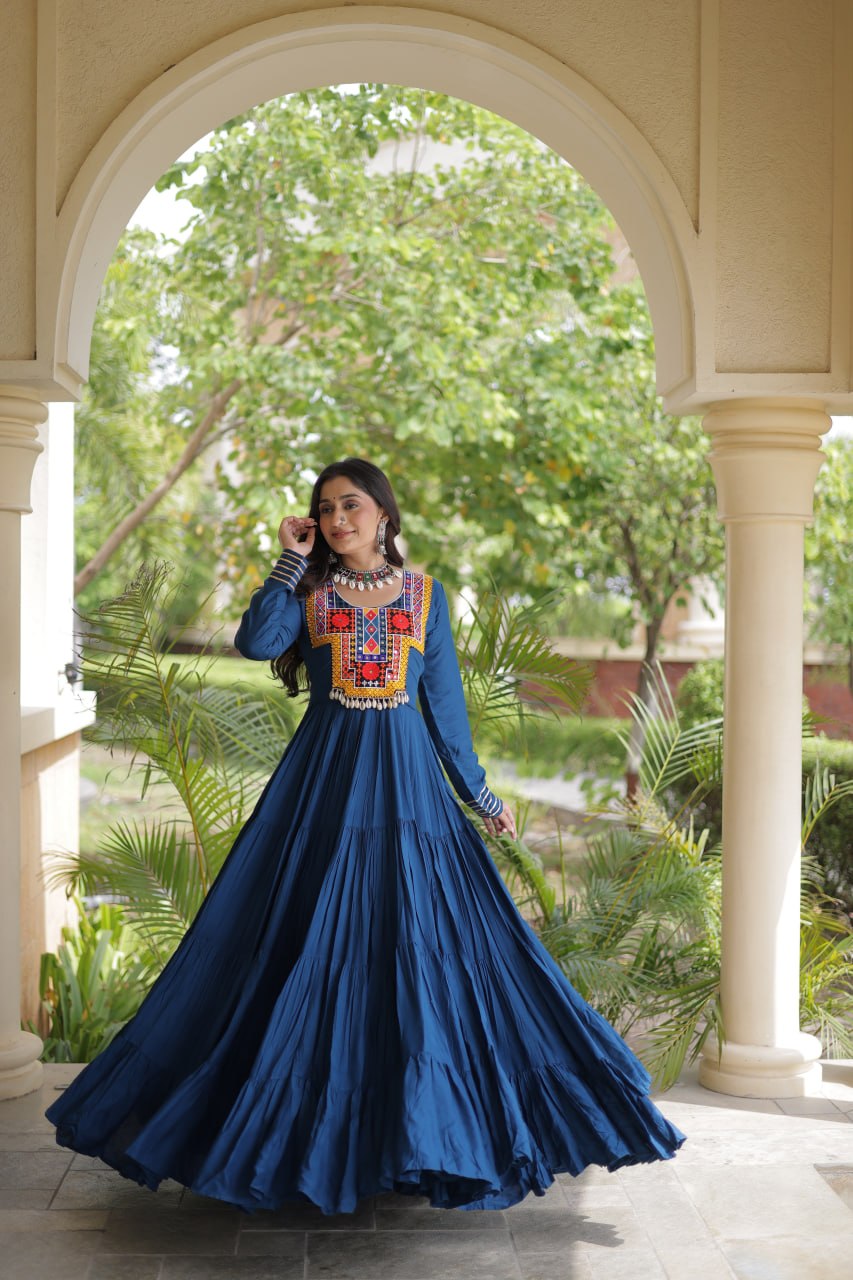 Rama Green Kutchi Gamthi Mirror Work Rayon Gown