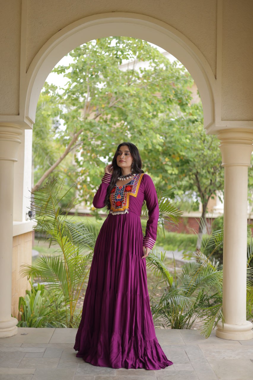 Wine Kutchi Gamthi Embroidered 12 Meter Flair Reyon Gown