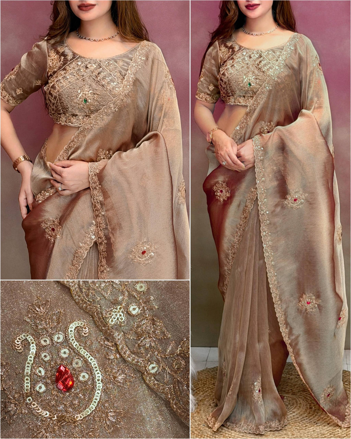 Rose Gold Jamtara Glass Silk Zari & Sequin Work Designer Saree with Blouse