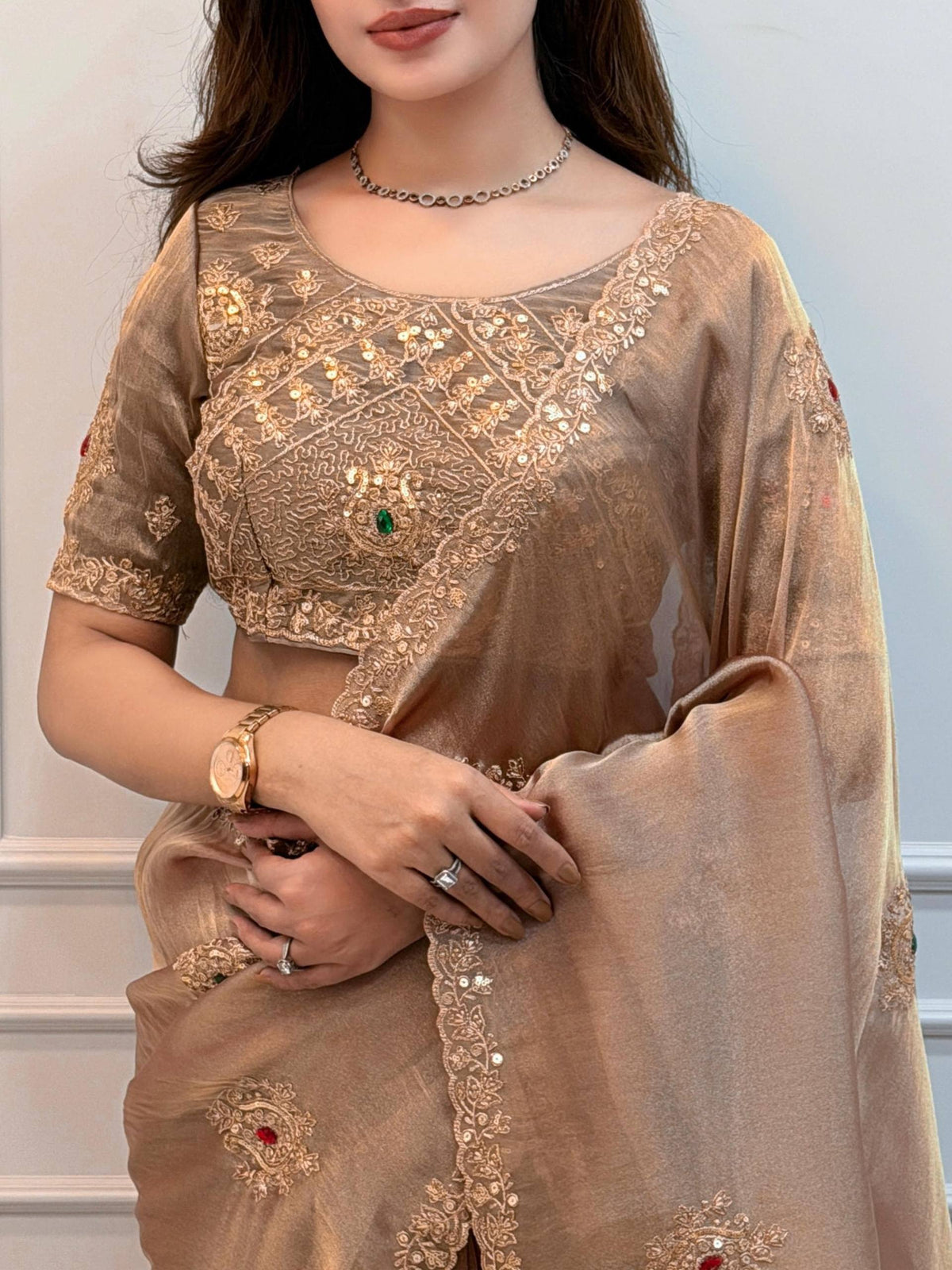Rose Gold Jamtara Glass Silk Zari & Sequin Work Designer Saree with Blouse