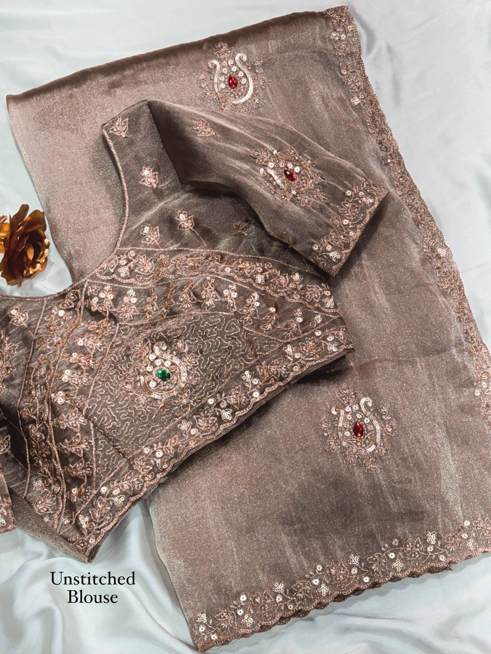Rose Gold Jamtara Glass Silk Zari & Sequin Work Designer Saree with Blouse