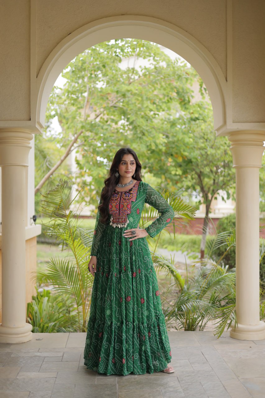 Bottle Green Bandhani Printed Kutchi Patchwork 12 Meter Flair Gown