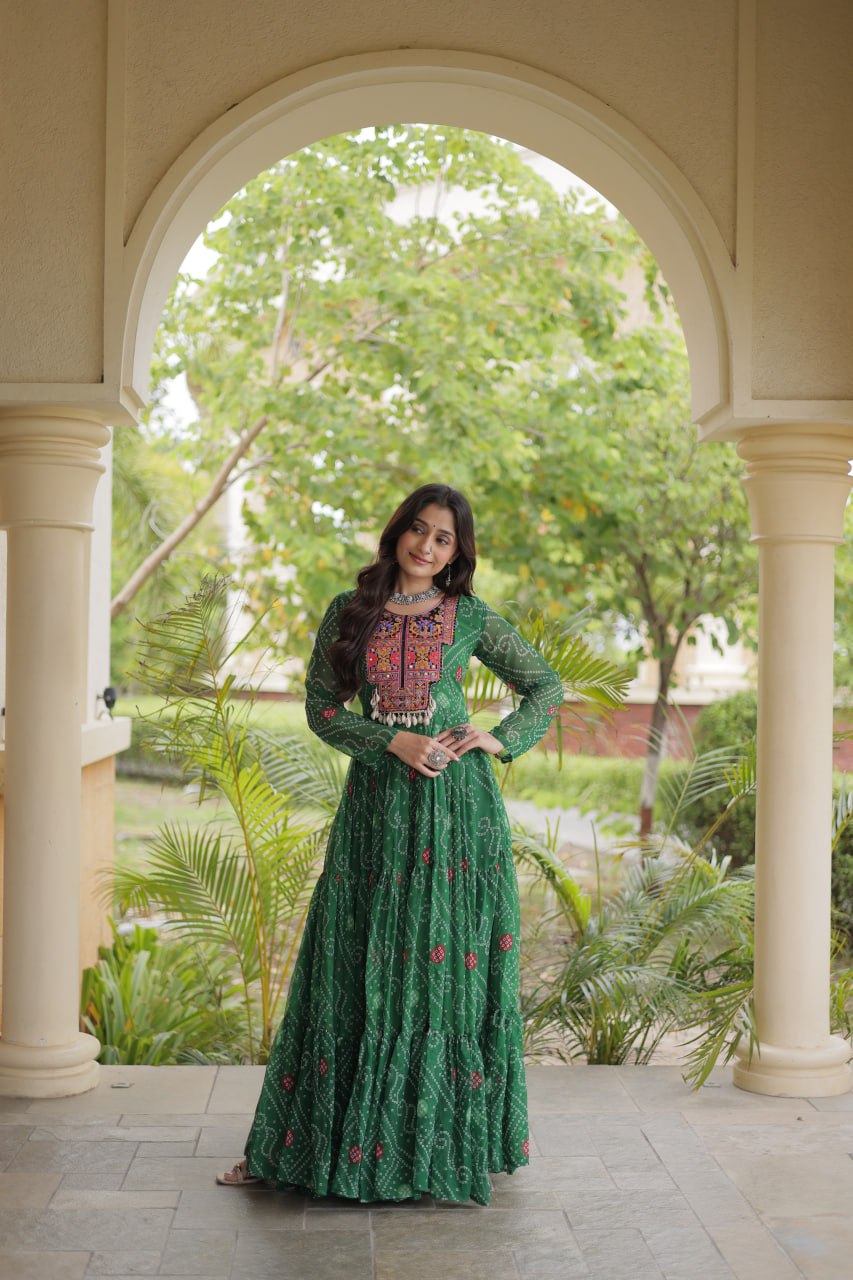 Bottle Green Bandhani Printed Kutchi Patchwork 12 Meter Flair Gown