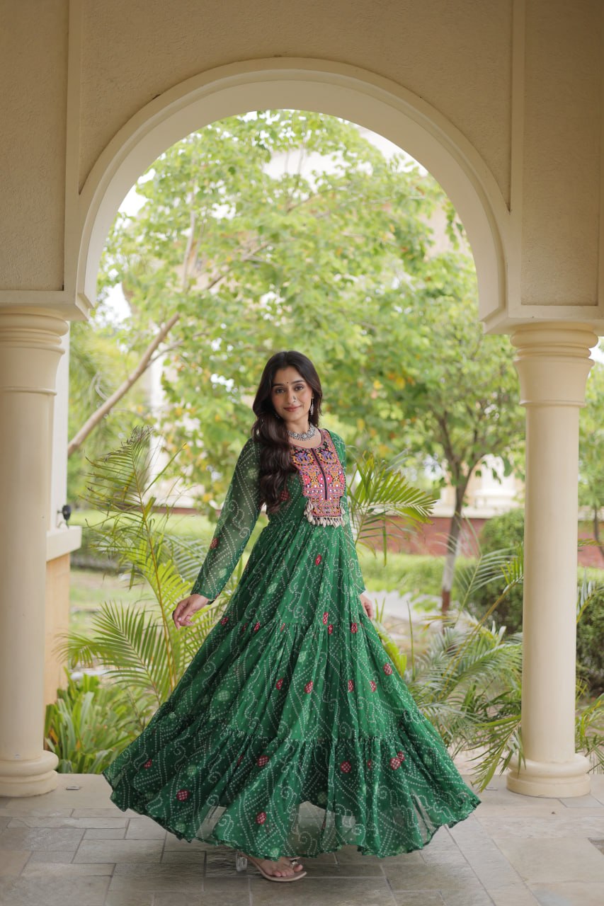 Bottle Green Bandhani Printed Kutchi Patchwork 12 Meter Flair Gown