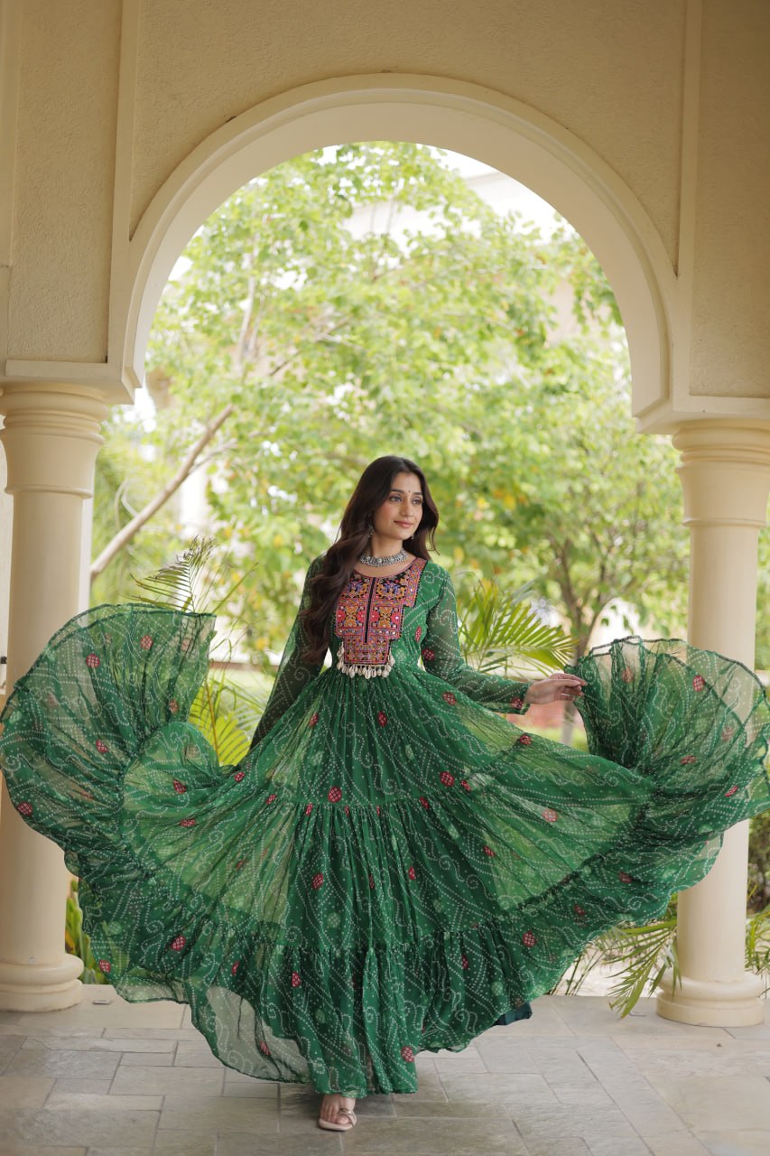 Bottle Green Bandhani Printed Kutchi Patchwork 12 Meter Flair Gown