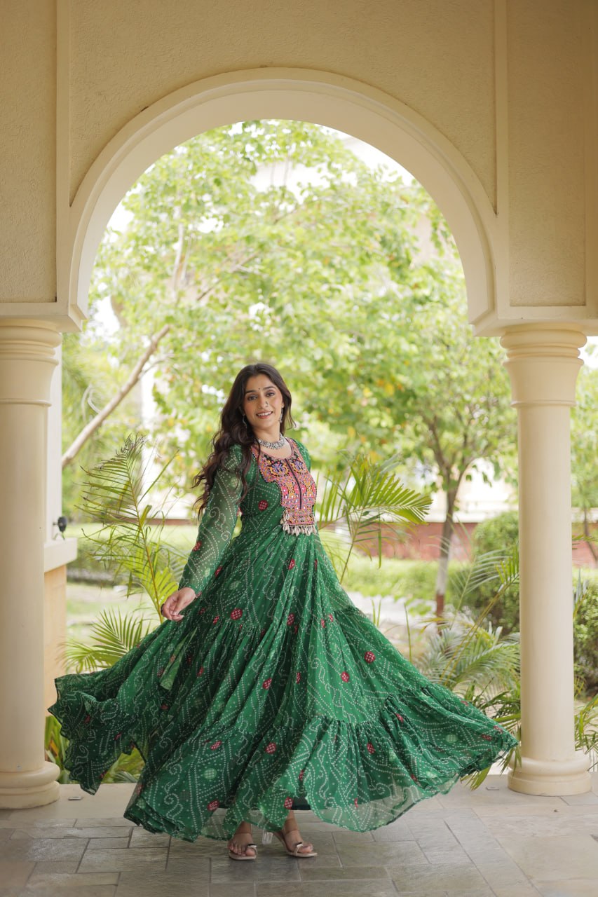 Bottle Green Bandhani Printed Kutchi Patchwork 12 Meter Flair Gown