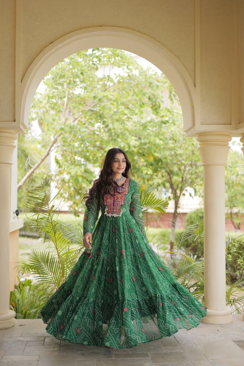 Bottle Green Bandhani Printed Kutchi Patchwork 12 Meter Flair Gown