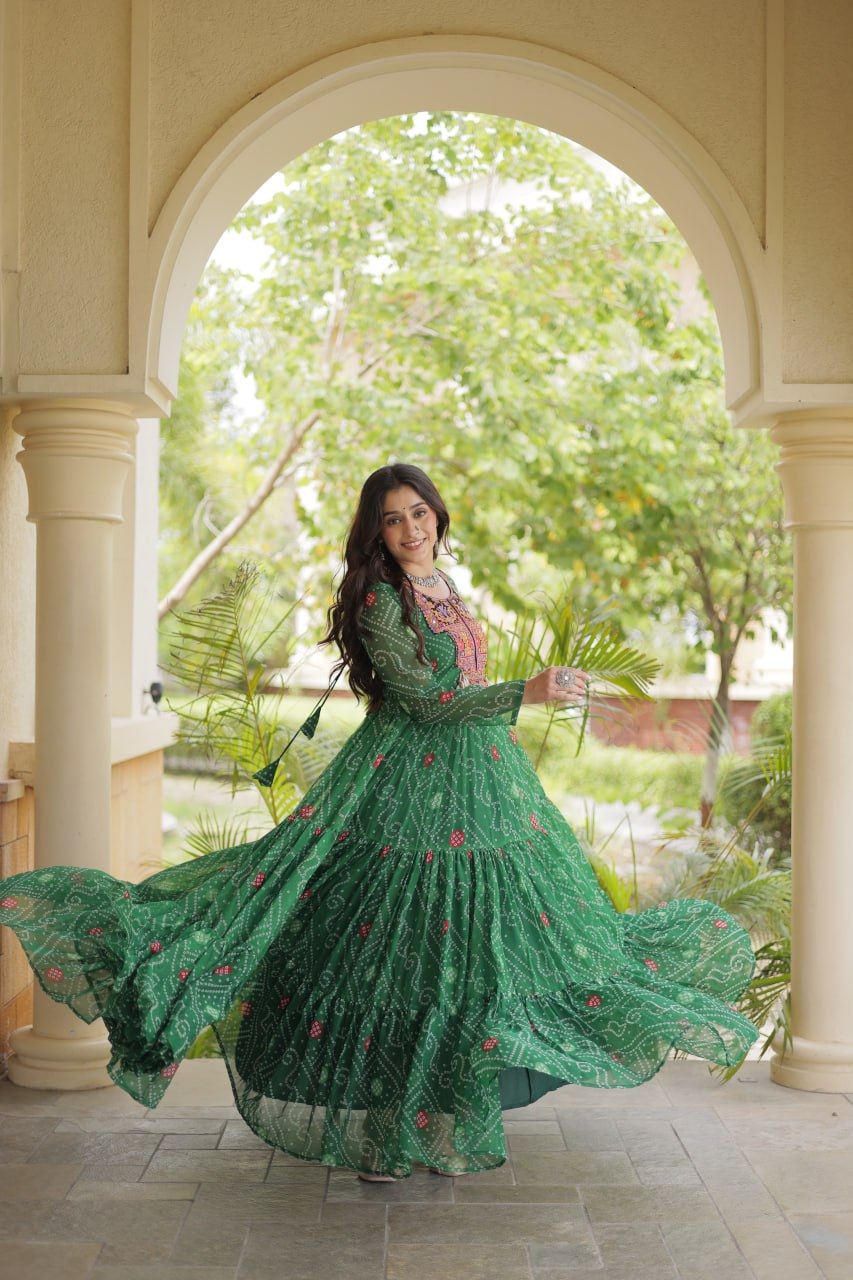 Bottle Green Bandhani Printed Kutchi Patchwork 12 Meter Flair Gown