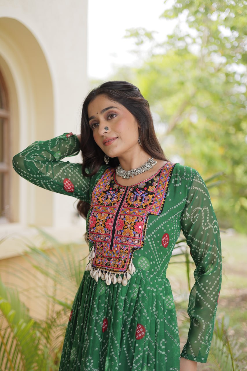 Bottle Green Bandhani Printed Kutchi Patchwork 12 Meter Flair Gown