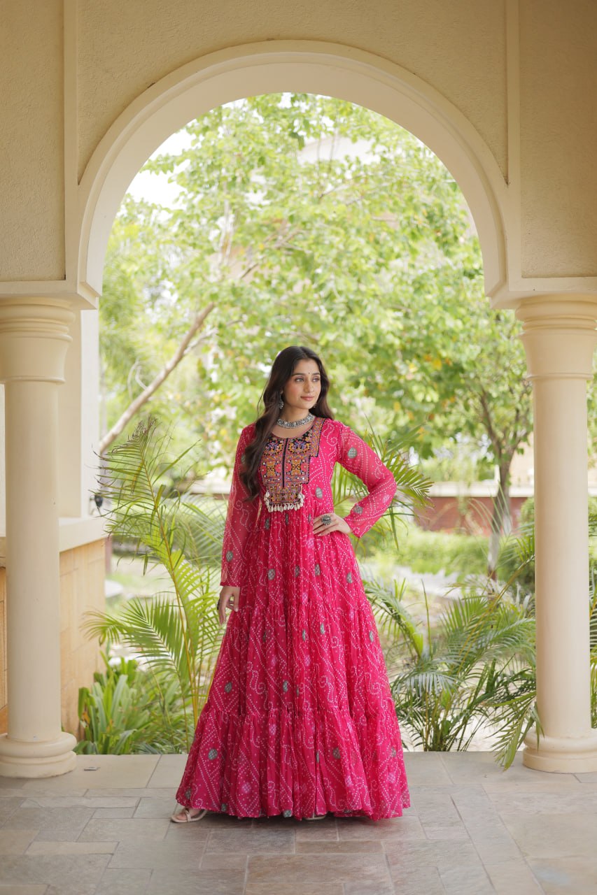 Rani Pink Bandhani Faux Georgette Kutchi Embroidered Gown