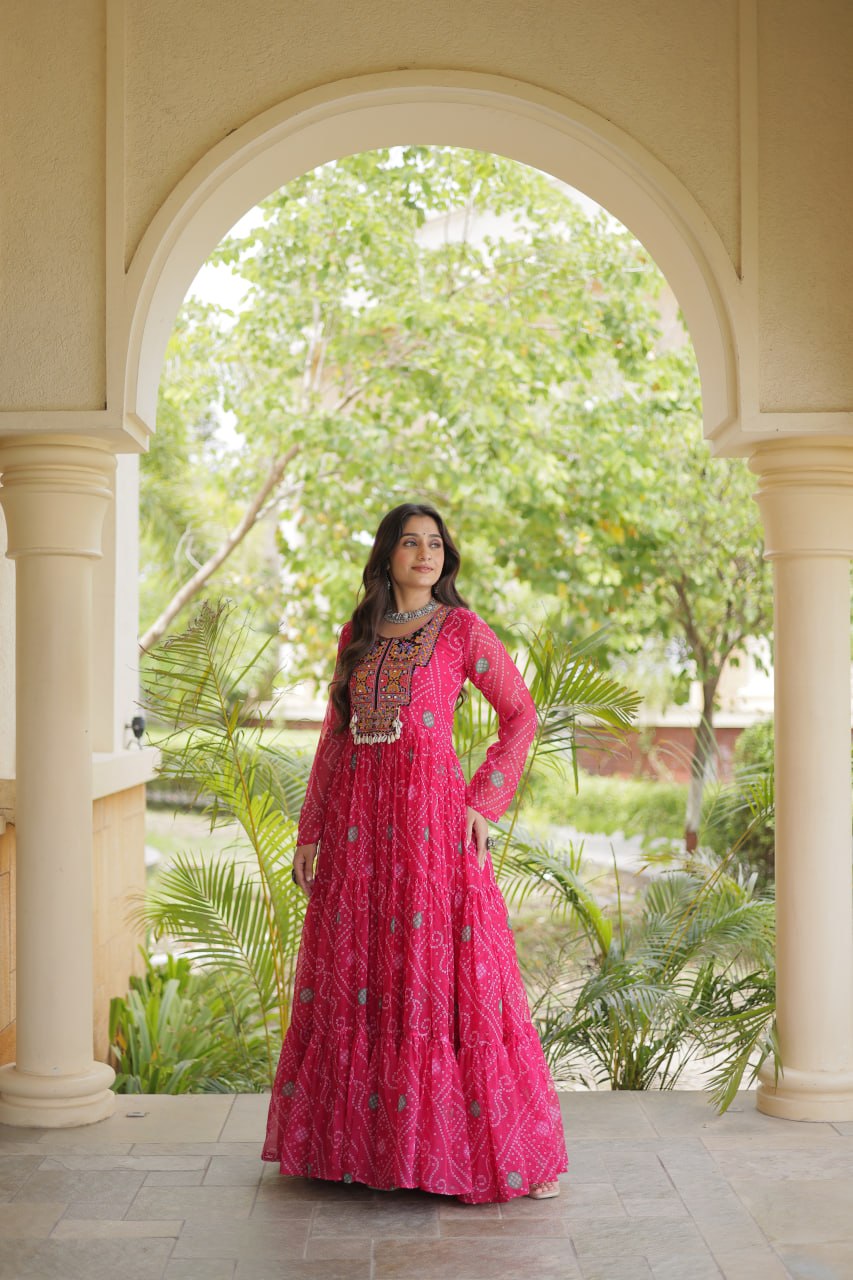 Rani Pink Bandhani Faux Georgette Kutchi Embroidered Gown