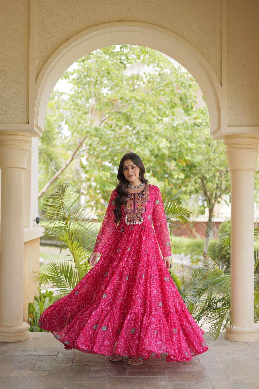 Rani Pink Bandhani Faux Georgette Kutchi Embroidered Gown