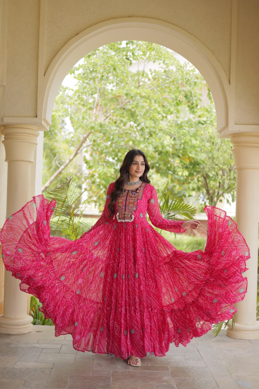 Rani Pink Bandhani Faux Georgette Kutchi Embroidered Gown