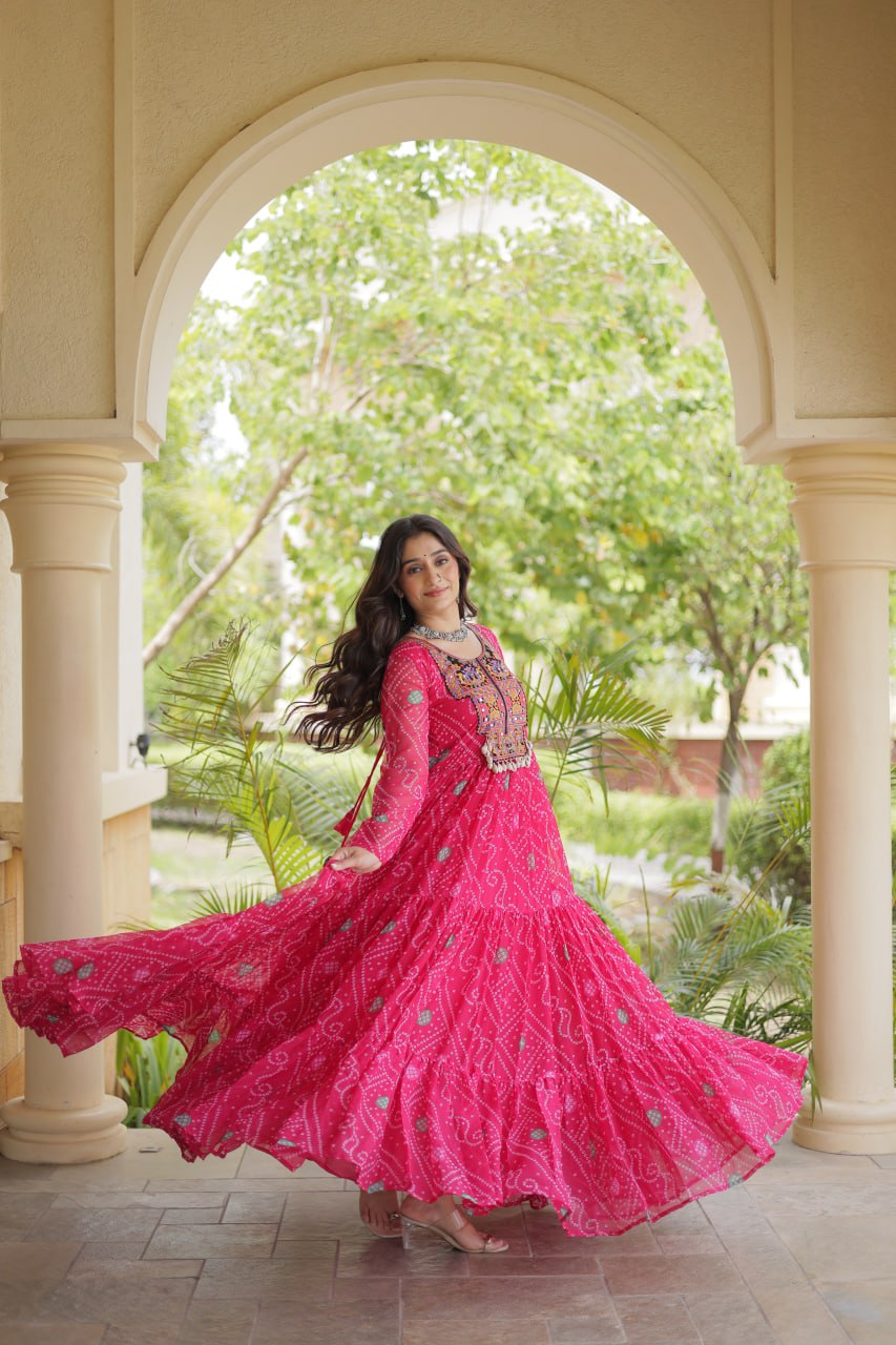 Rani Pink Bandhani Faux Georgette Kutchi Embroidered Gown