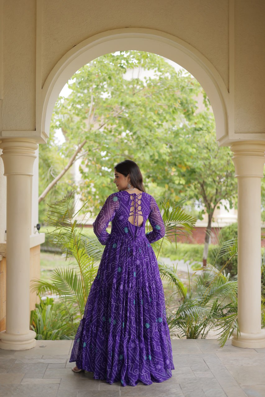 Purple Bandhani Faux Georgette Kutchi Embroidered Gown