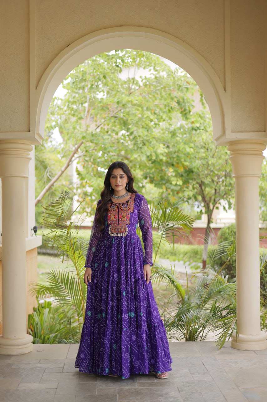 Purple Bandhani Faux Georgette Kutchi Embroidered Gown