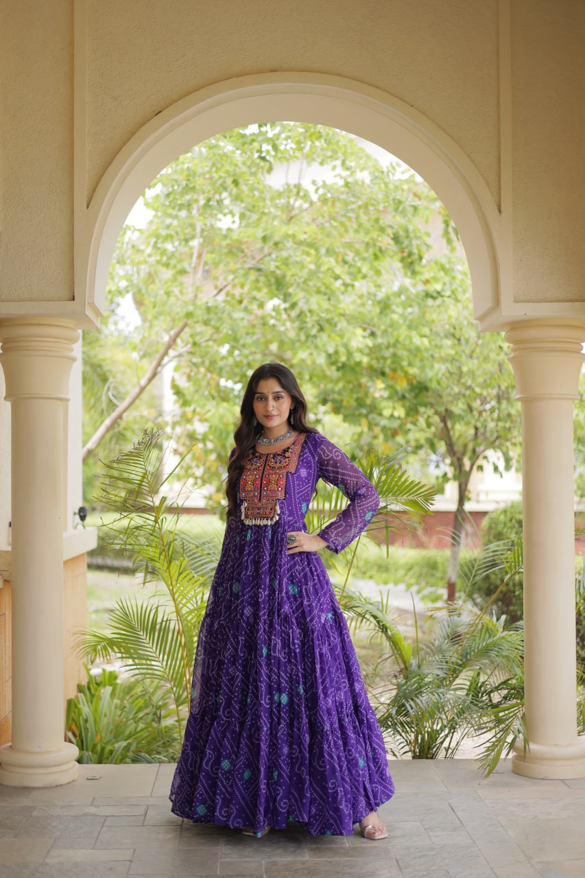 Purple Bandhani Faux Georgette Kutchi Embroidered Gown