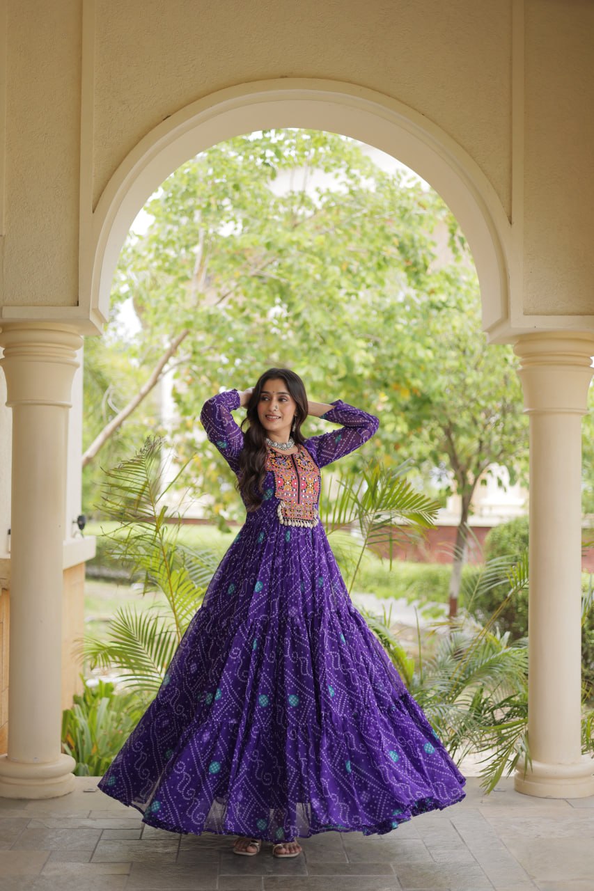 Purple Bandhani Faux Georgette Kutchi Embroidered Gown