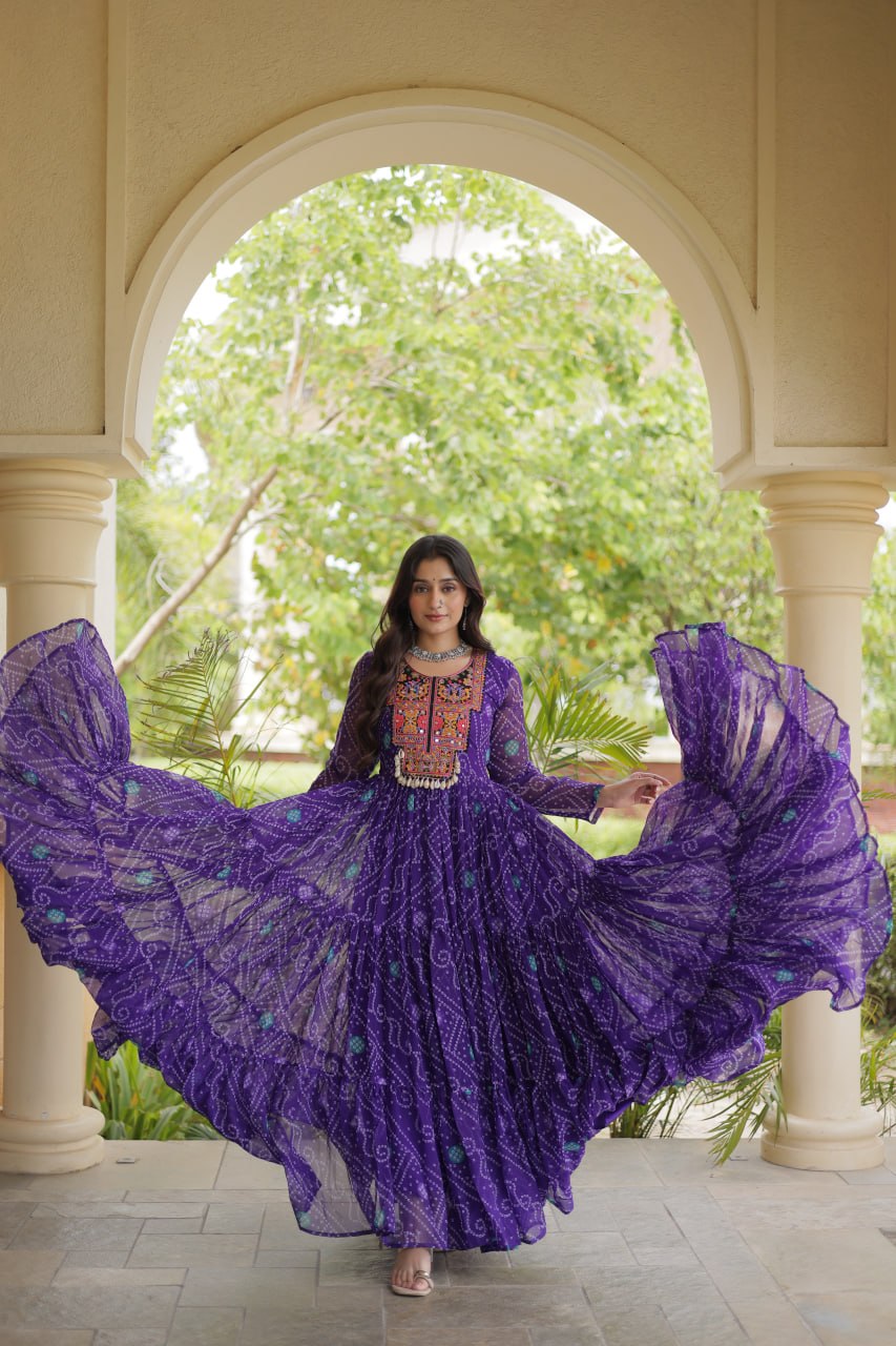 Purple Bandhani Faux Georgette Kutchi Embroidered Gown