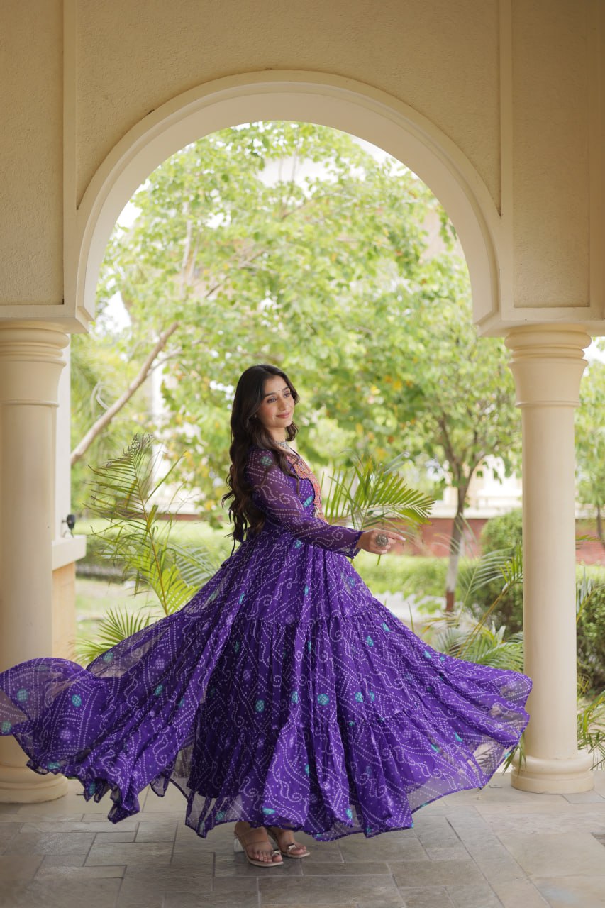 Purple Bandhani Faux Georgette Kutchi Embroidered Gown