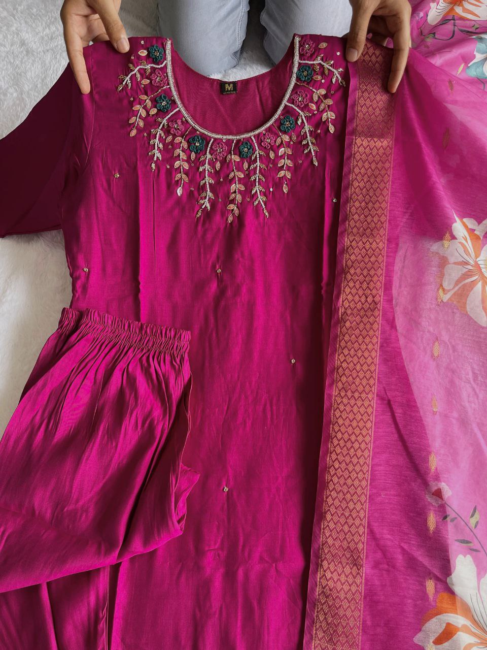 Magenta Handwork Kurti Pant Dupatta Set