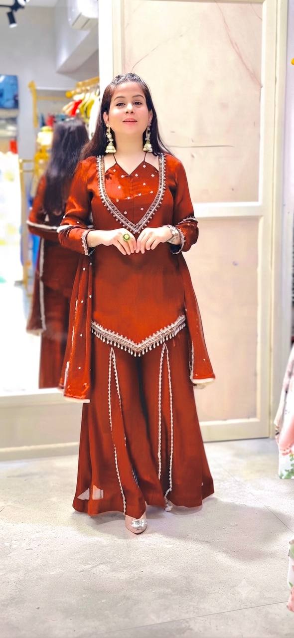 Rust Orange Roman Glass Mirror Work Plazzo Suit Set with Chanderi Silk Dupatta